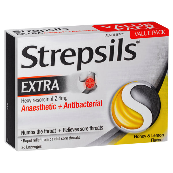 Strepsils Extra Honey and Lemon Fast Numbing Sore Throat Pain Relief with Anaesthetic 36 Lozenges