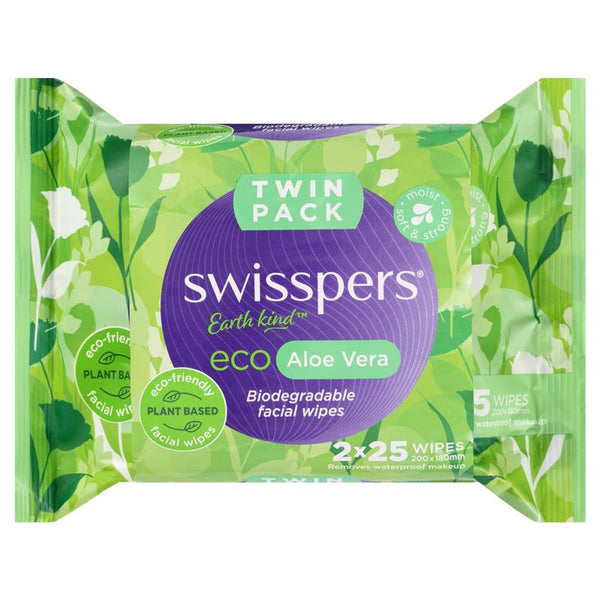 Swisspers Eco Facial Wipes Aloe Vera 2X25 Twin Pack