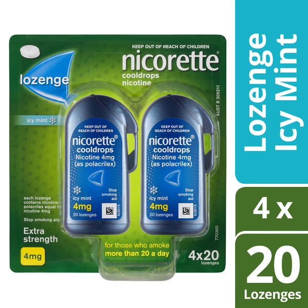 Nicorette Quit Smoking Extra Strength Cooldrops Nicotine Lozenge Icy Mint 4 x 20 Pack