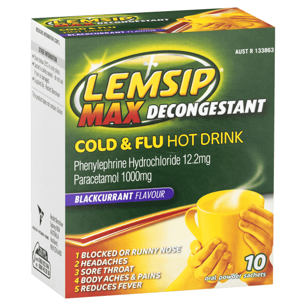 Lemsip Max Decongestant Cold & Flu Hot Drink 10 Sachets – Blackcurrant