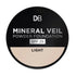 A compact pan of DB Cosmetics Mineral Veil Powder Foundation in the shade Light, with a black and white label.