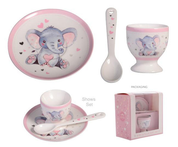 Baby Girl Elephant Ceramic Egg Cup, Spoon & Plate