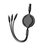 Retractable 3-In-1 Lightning Micro USB Type C Charging Cable - Black