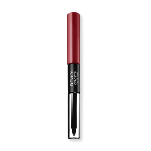 A dual-ended Revlon ColorStay Overtime Lip Color in shade Ultimate Wine, with the cap on and the product name visible.