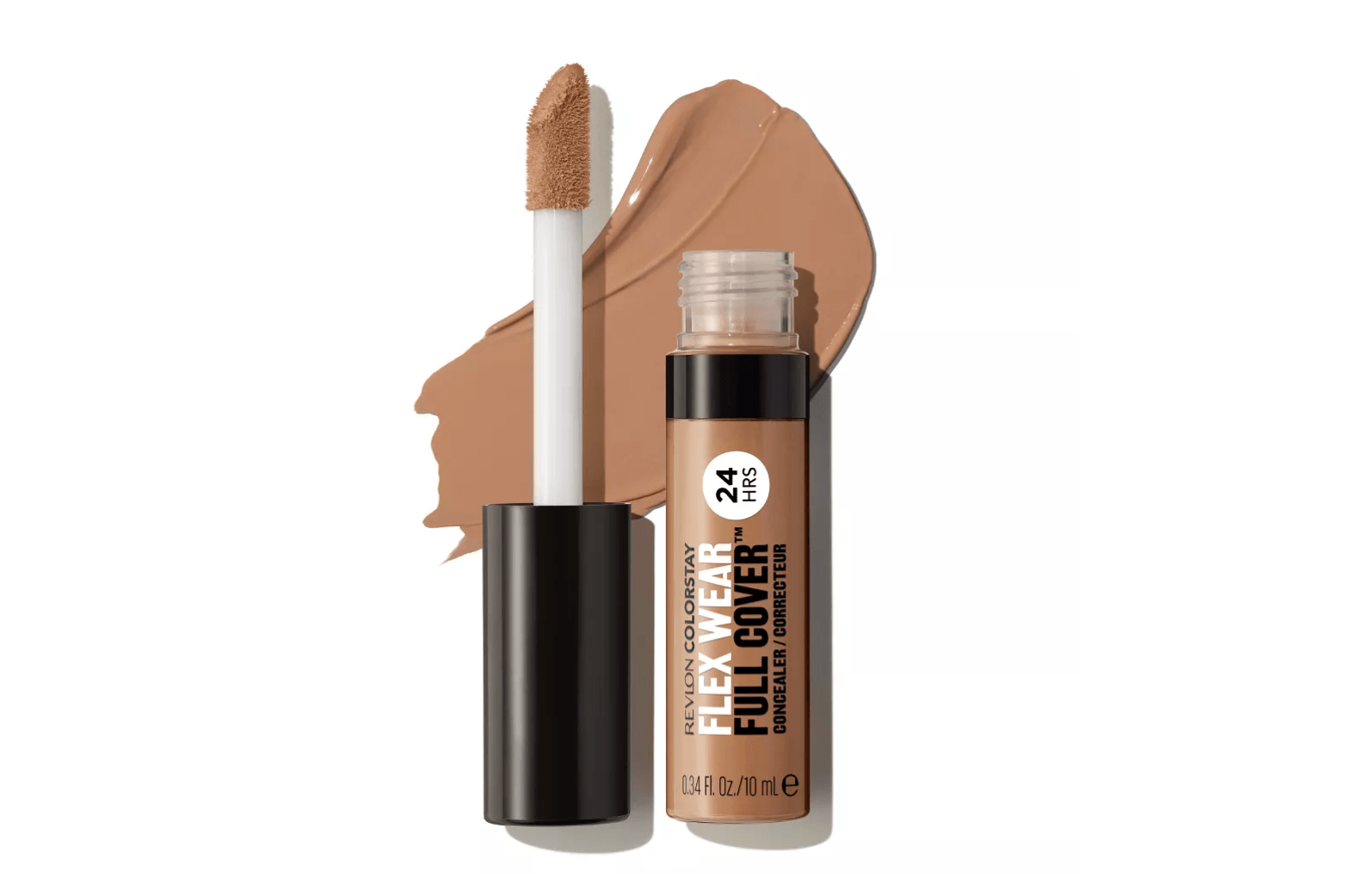 A tube of Revlon Colorstay Flexwear Full Cover Concealer in a deep shade with an applicator wand, alongside a swatch of the concealer showing its texture and color.