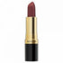 A close-up of a Revlon Super Lustrous Lipstick in a shade of red, with a gold cap.