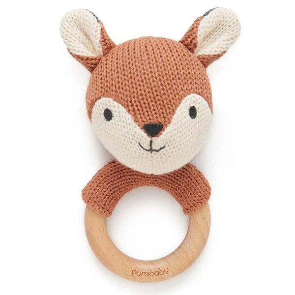 Purebaby Knitted Fox Rattle With Wood Handle