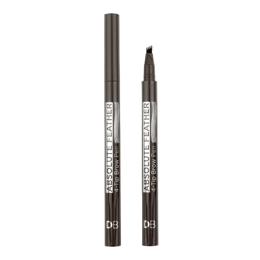 A chocolate-colored DB Cosmetics Absolute Feather Brow Pen with a 4-tip applicator, showing the product next to its cap.
