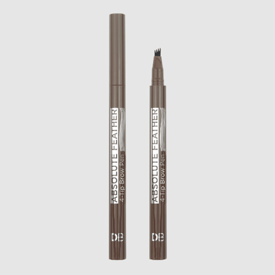 A DB Cosmetics Absolute Feather Brow Pen with a hickory shade, featuring a 4-tip applicator and a cap at one end.