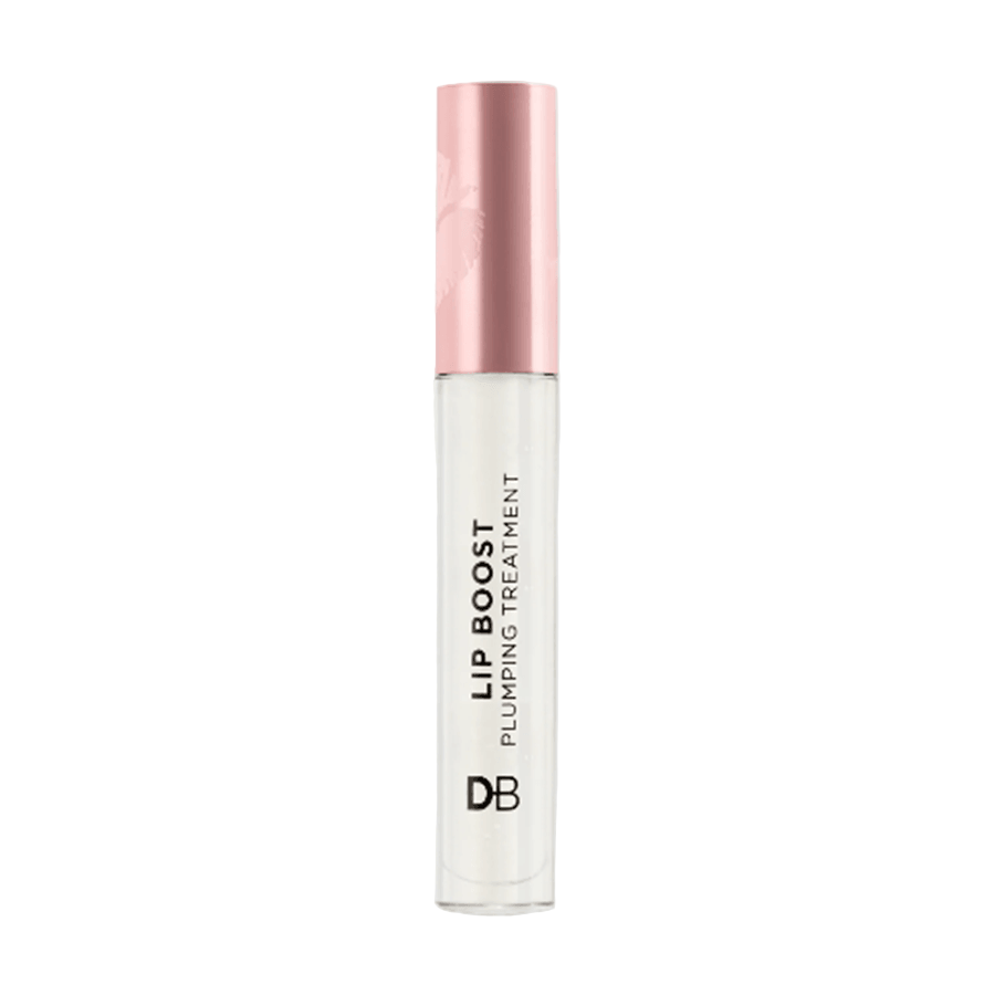 A pink and white tube of DB Cosmetics Lip Boost Plumping Treatment with a glossy finish.