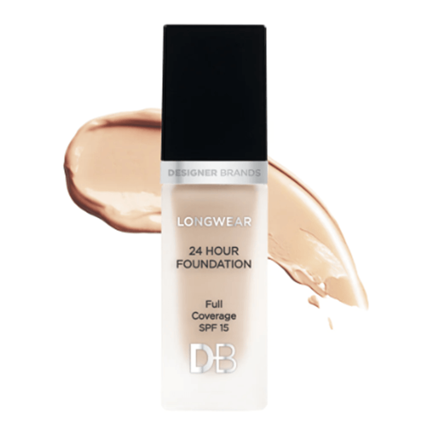 A bottle of DB Cosmetics Longwear 24 Hour Foundation in a light sand shade, with a swatch of the foundation color next to it.