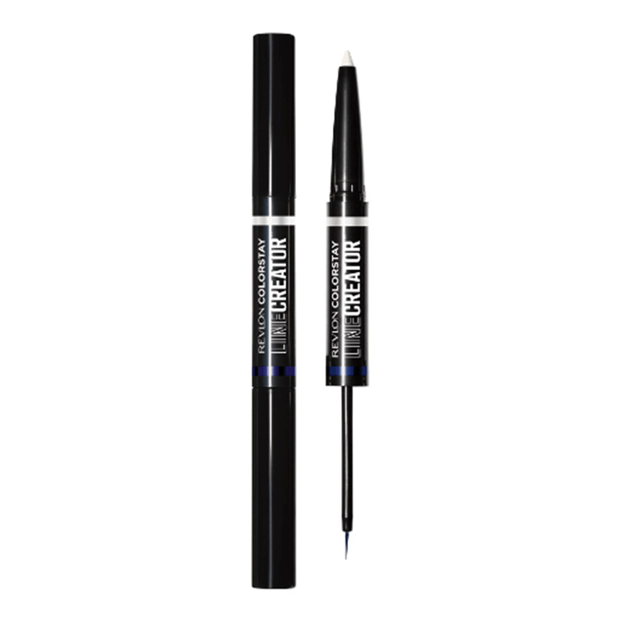 A double-ended eyeliner pen with one end labeled 'Kohl' and the other end labeled 'Liquid', both in black color with silver and blue accents.
